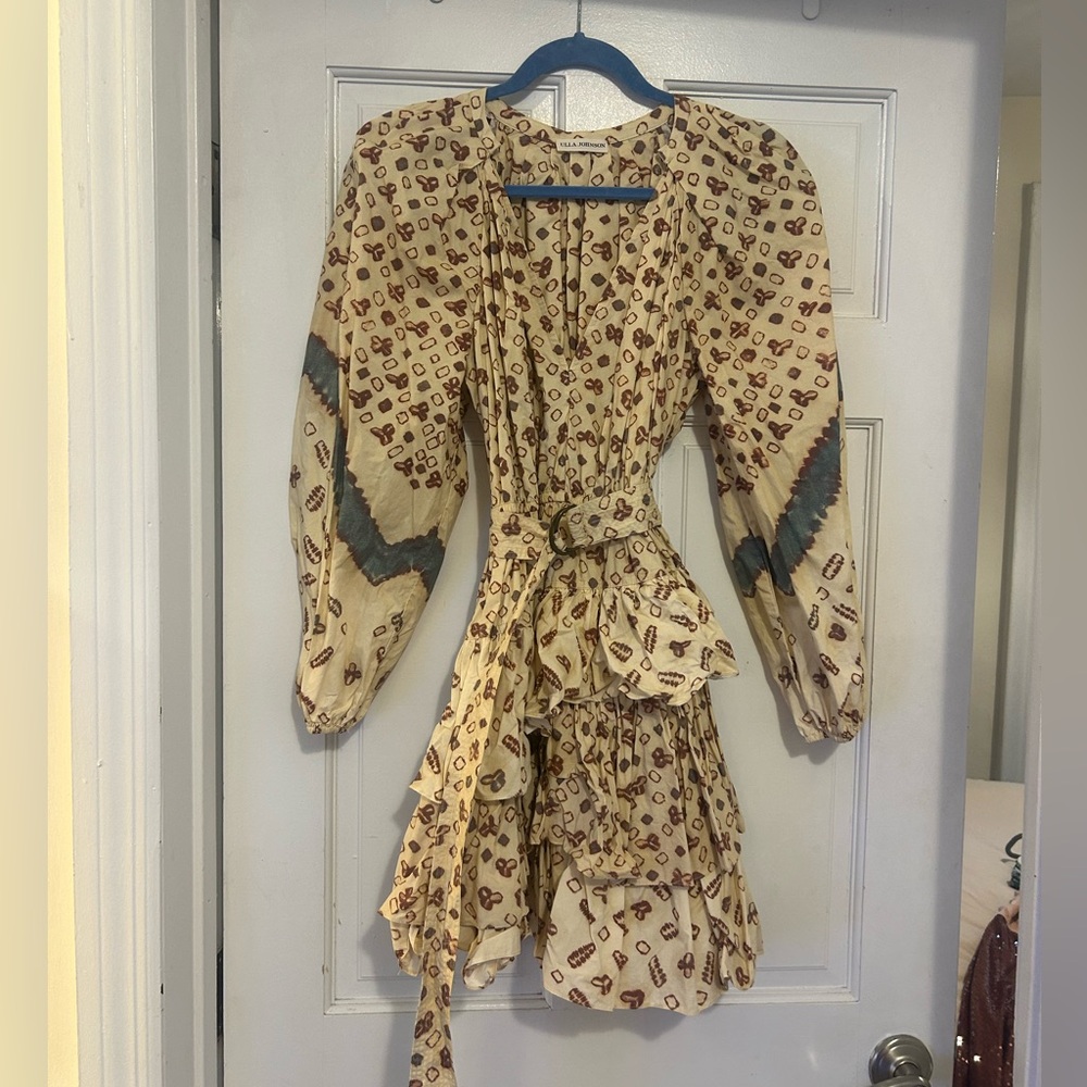 Ulla Johnson Cream and Brown Long Sleeve Dress